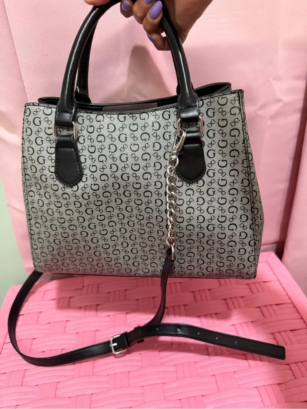 Guess Gray Monogram Satchel with Black Trim